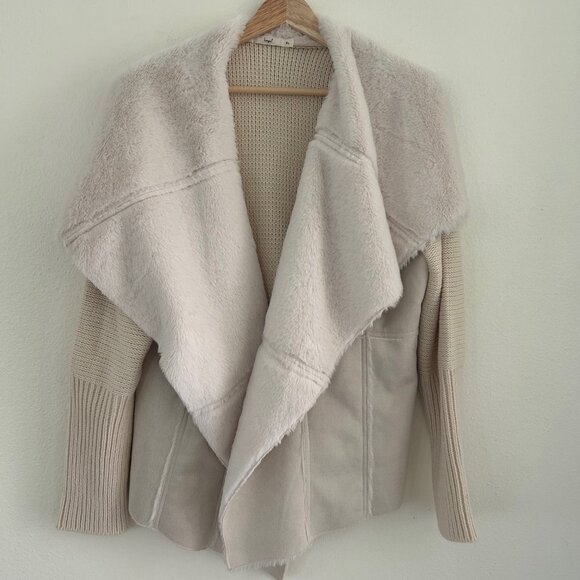 Hazel Cardigan Open Womens Beige/Cream Suede Faux Fur Sweater Size XL Mixed Knit - Picture 5 of 8
